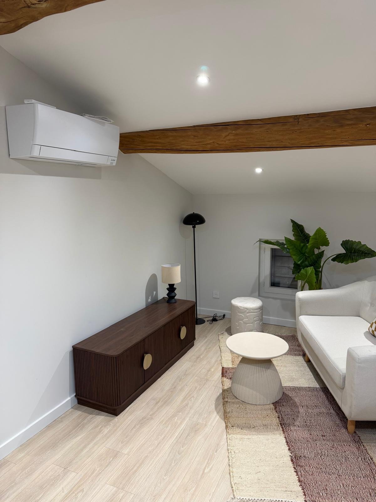 Salon aménagé avec canapé, climatisation et meuble en bois